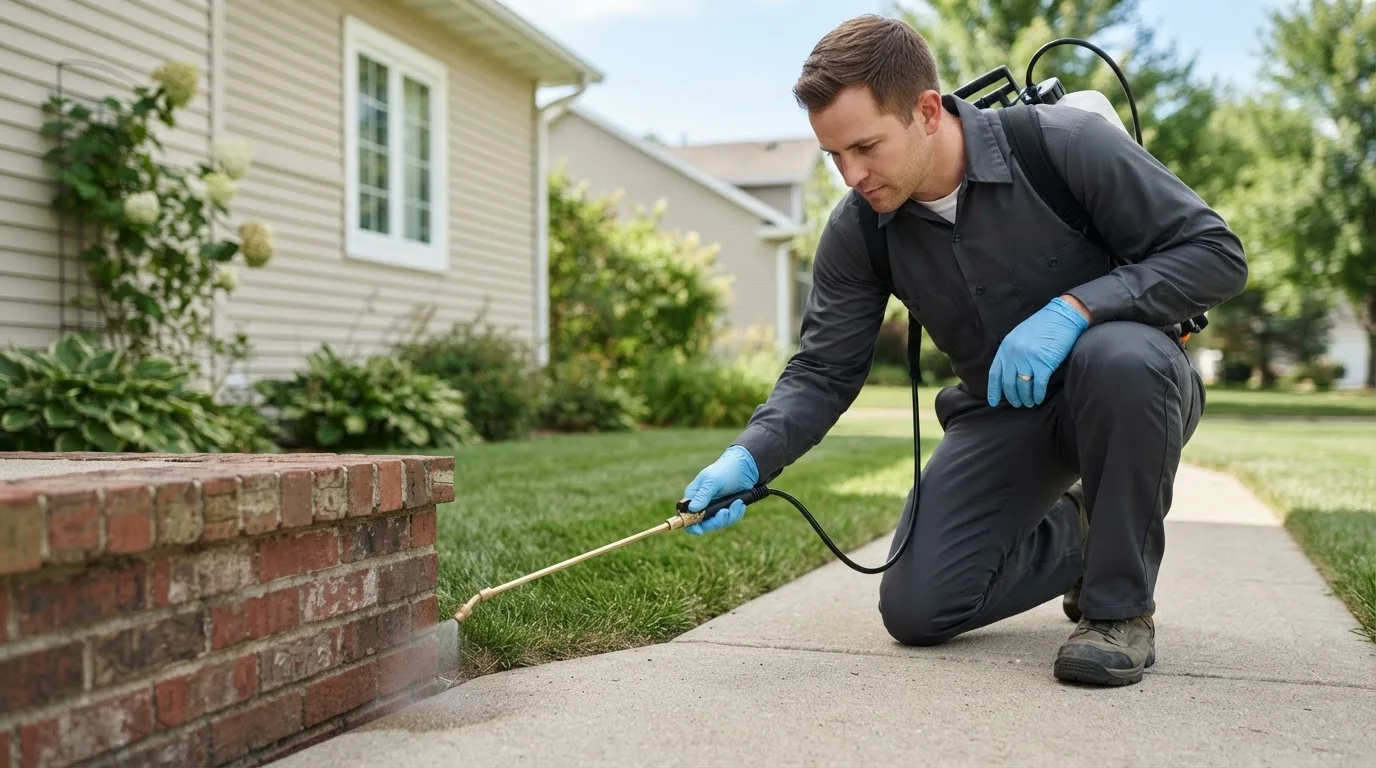 Pest control technician treating a home near Wilkesboro, NC